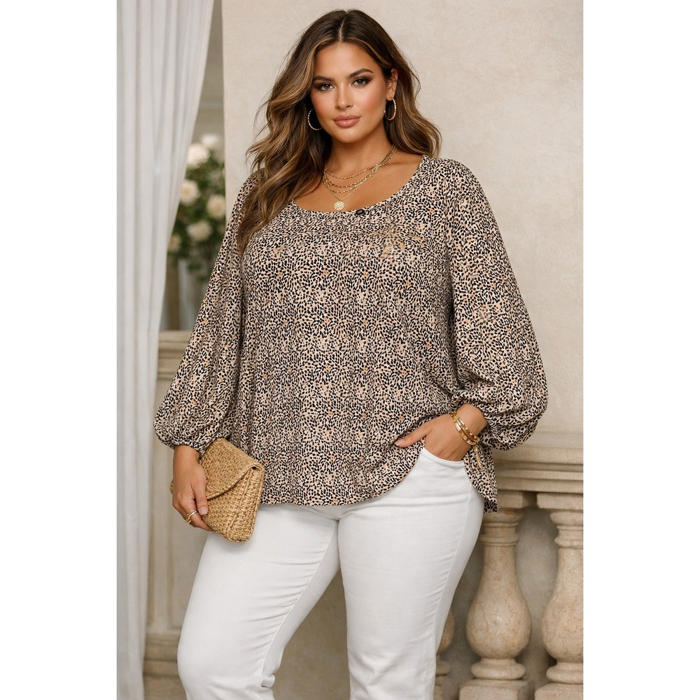 Adrianna Papell Blouse Womens 2X Beige Leopard Boho Coastal Chic Resort Plus Mod